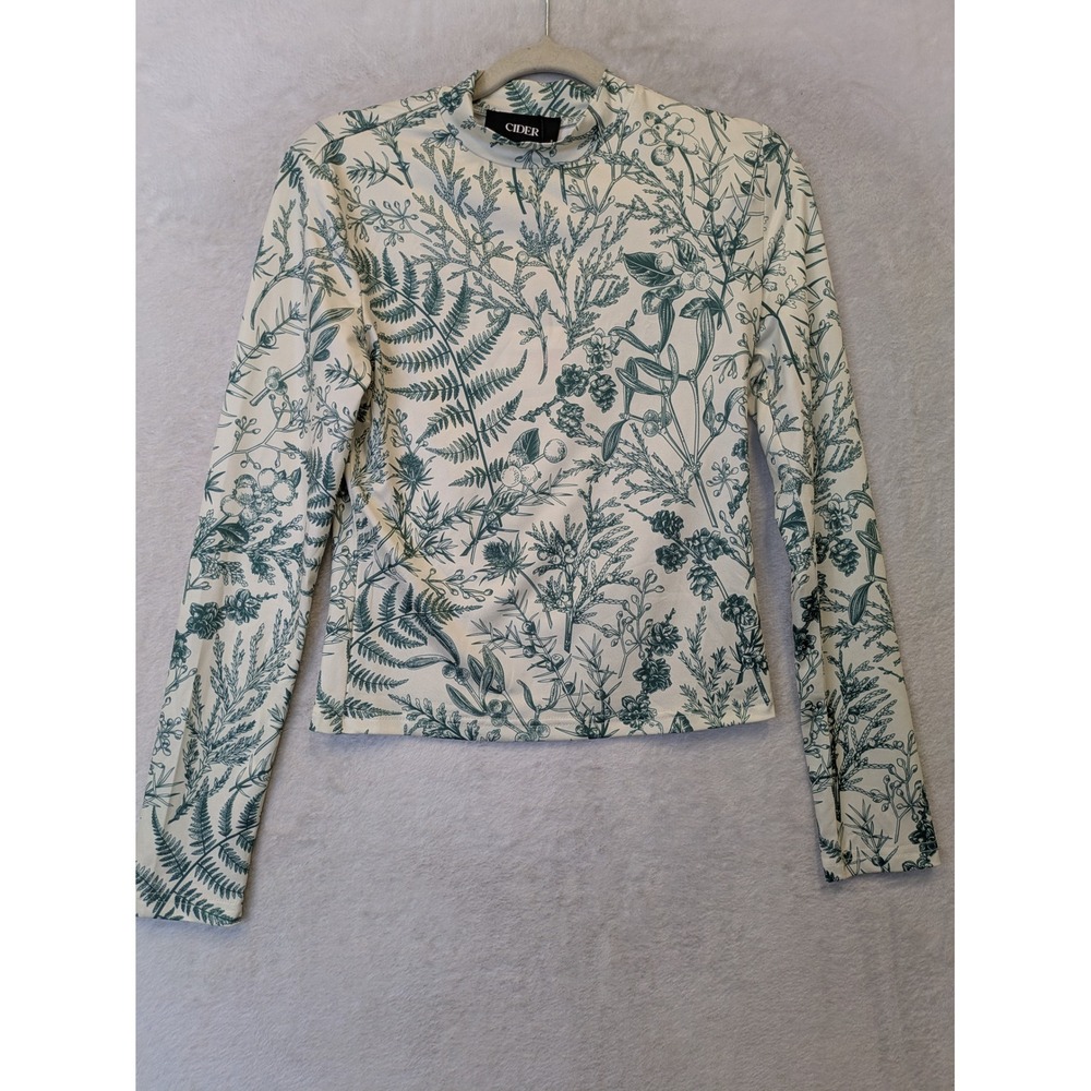 Cider Junior's Size S Mock Neck Long Sleeve Top Green Cream Botanical Forestcore